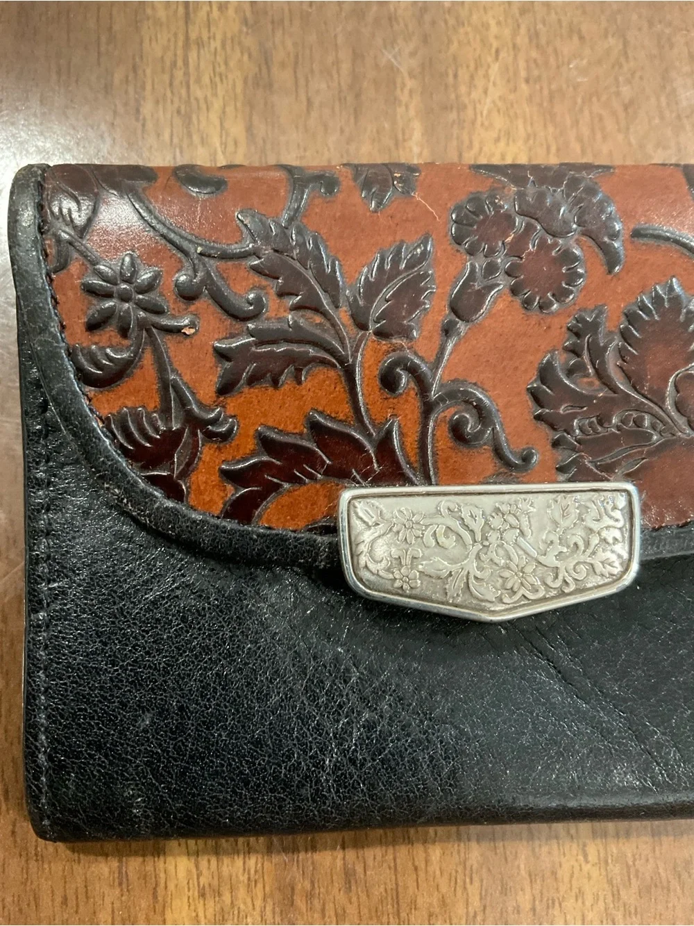 Brighton Black and Brown Tooled Floral Leather coin purse with belt straps bag